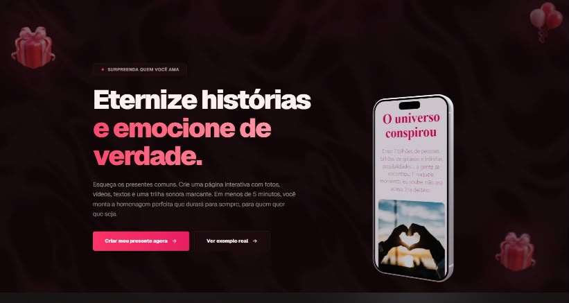 Landing page criada para Página Interativa de Presente — Presentes / Retrospectiva